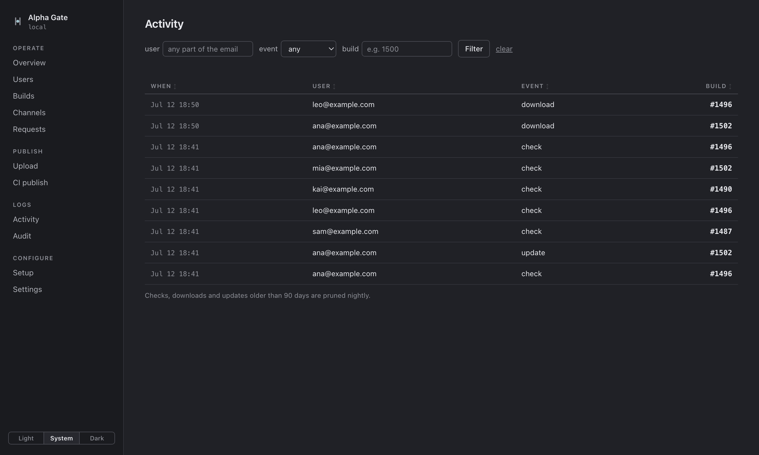 The same activity page in dark theme.