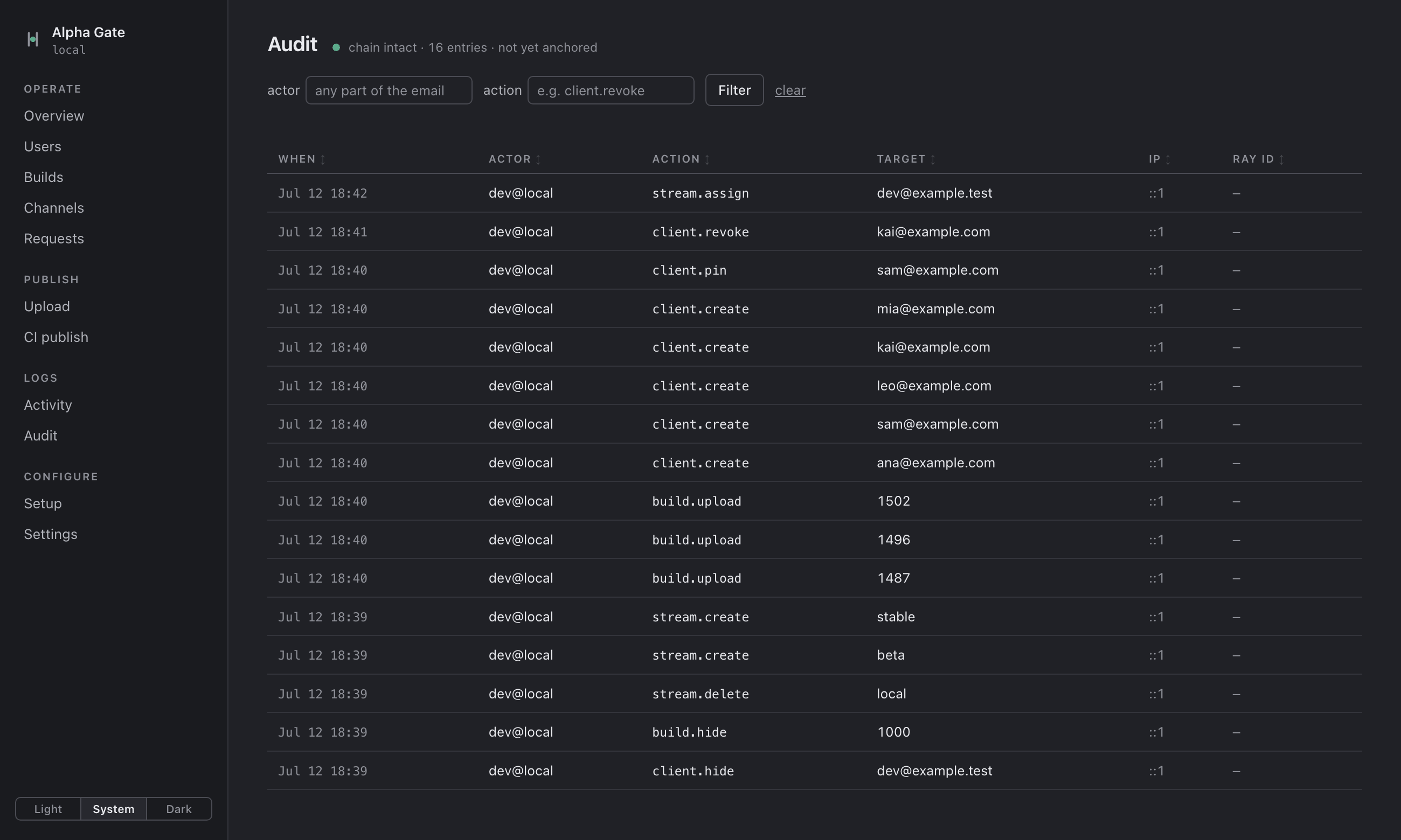 The same audit page in dark theme.