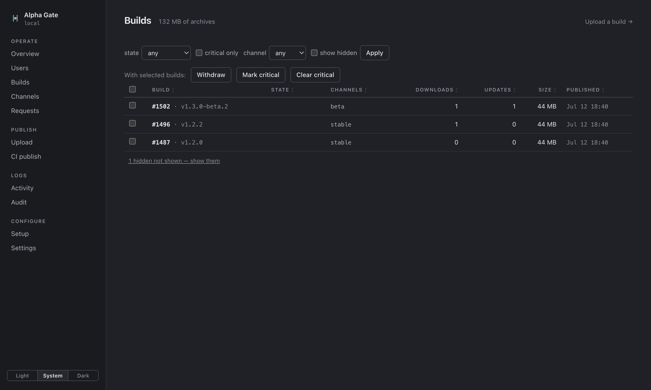 The same builds page in dark theme.