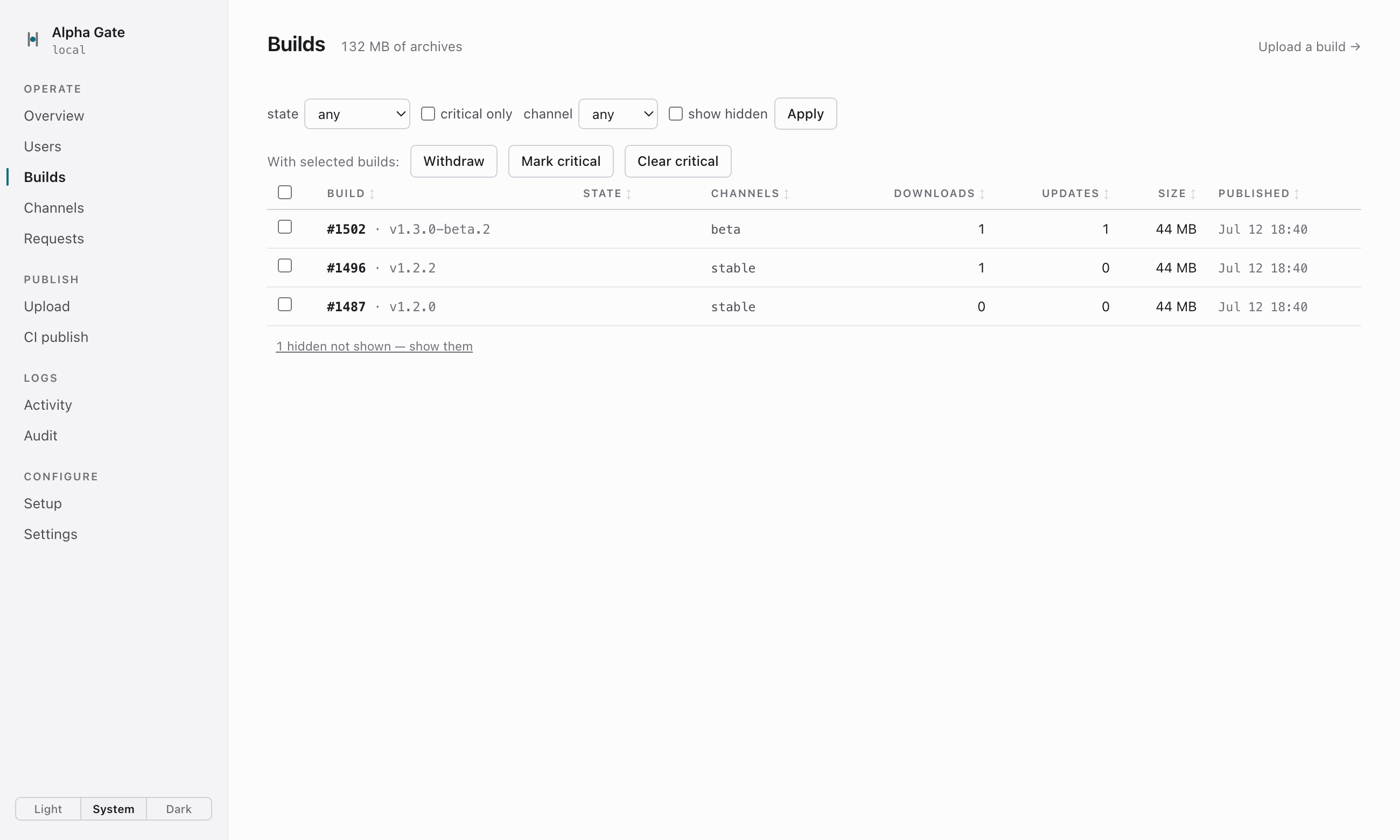 The builds page: three published builds — 1502 on beta, 1496 and 1487 on stable — with download and update counts, sizes, publish dates, and bulk actions to withdraw or mark critical.