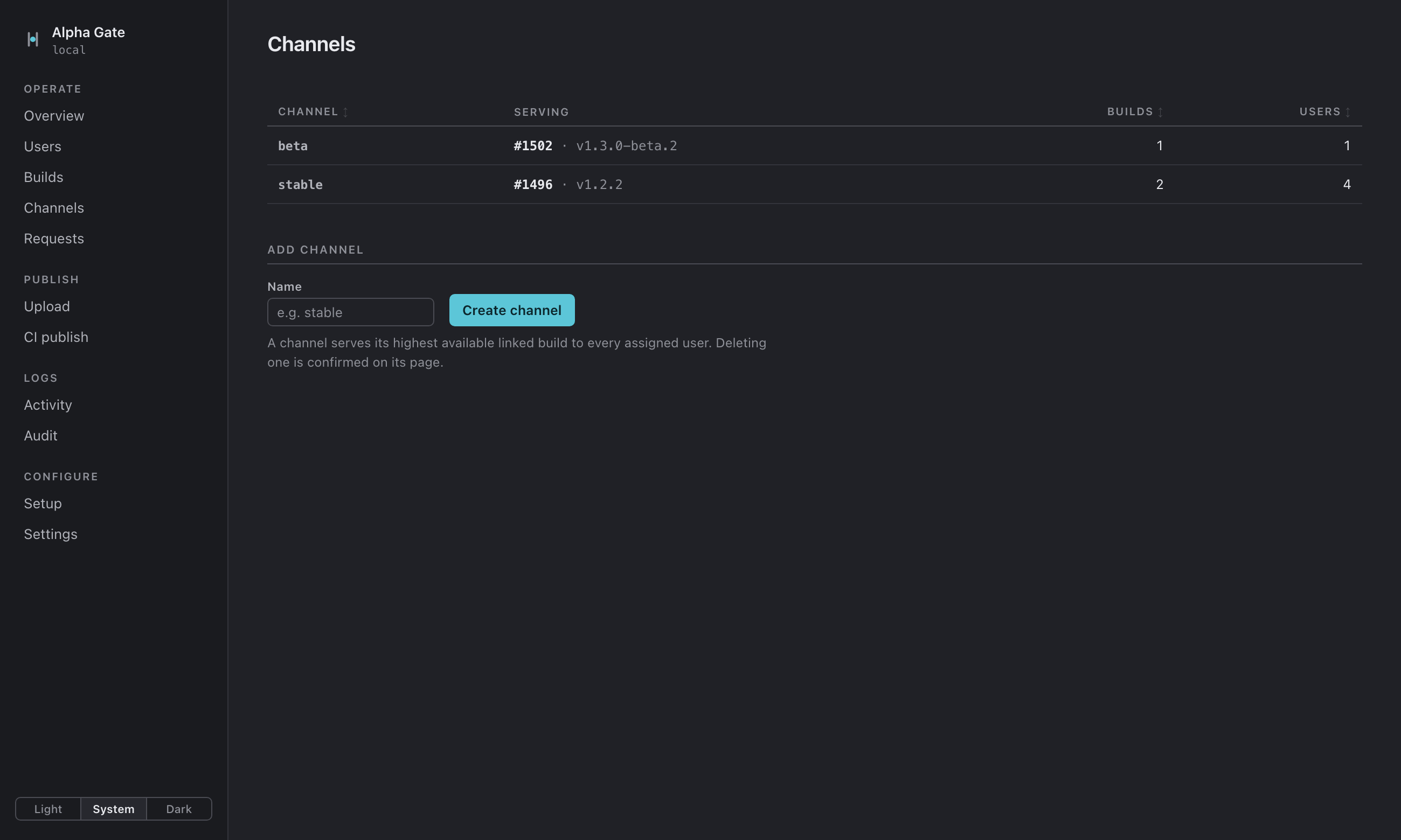 The same channels page in dark theme.