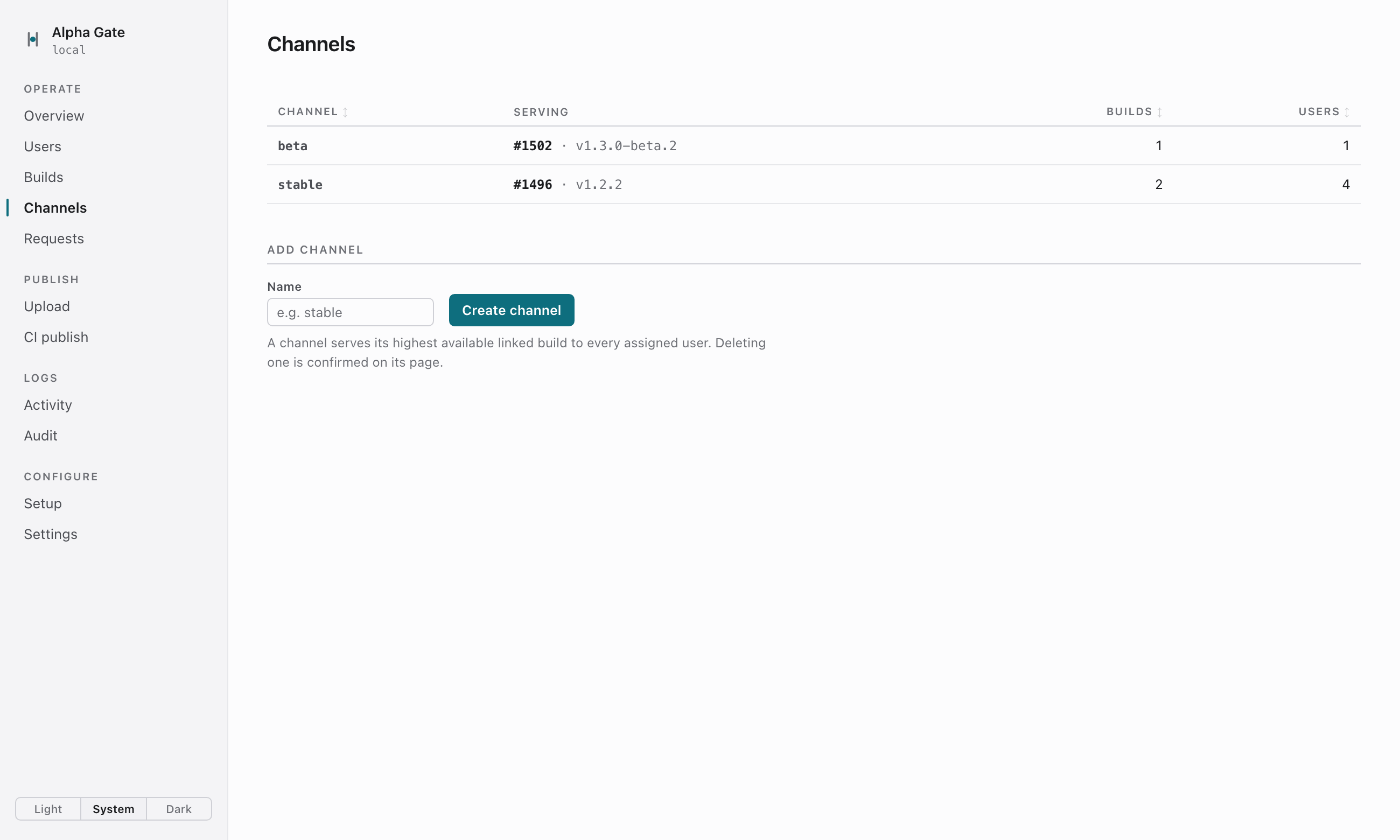 The channels page: beta serving build 1502 to 1 user, stable serving build 1496 to 4 users, and a form to create another channel.
