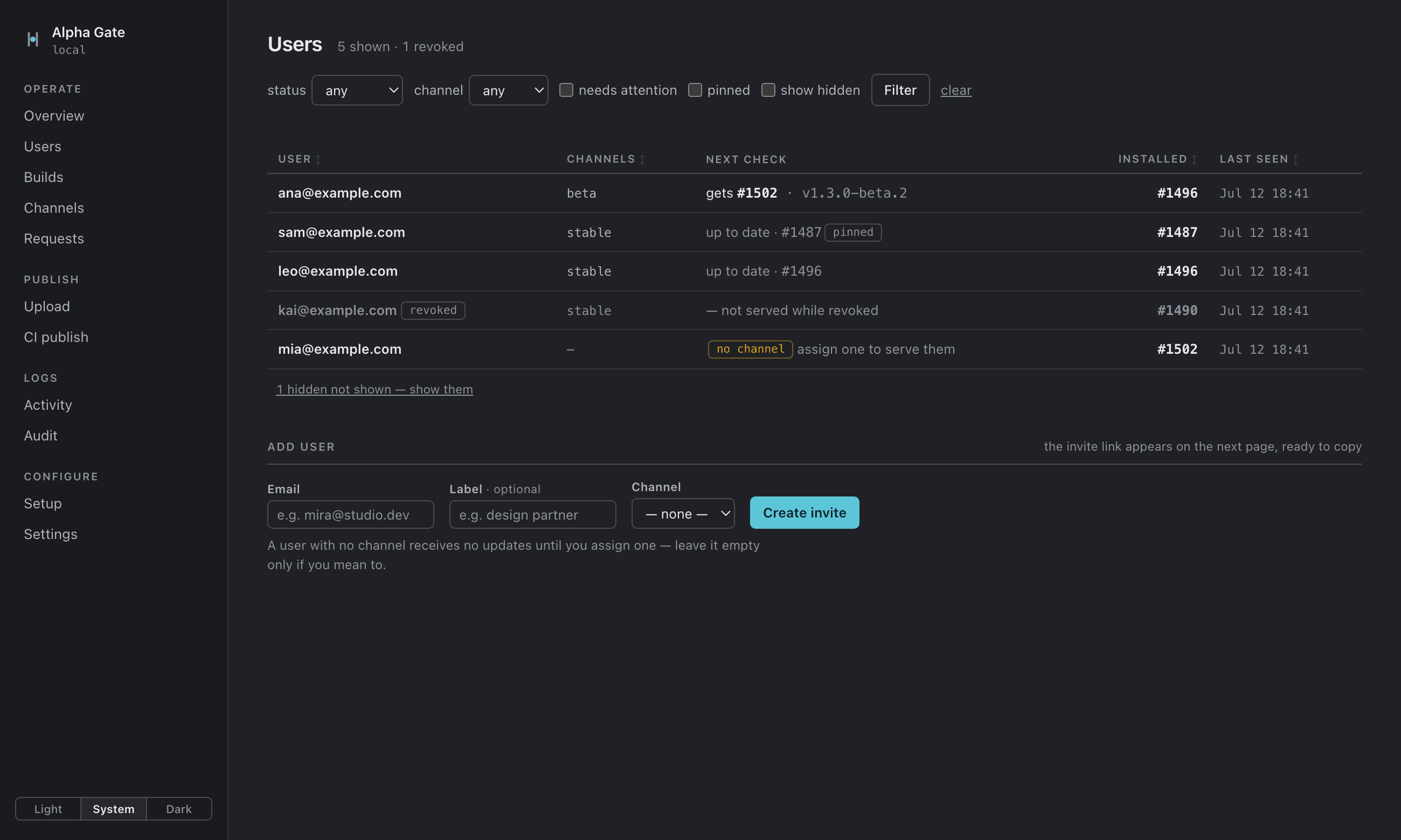 The same users page in dark theme.