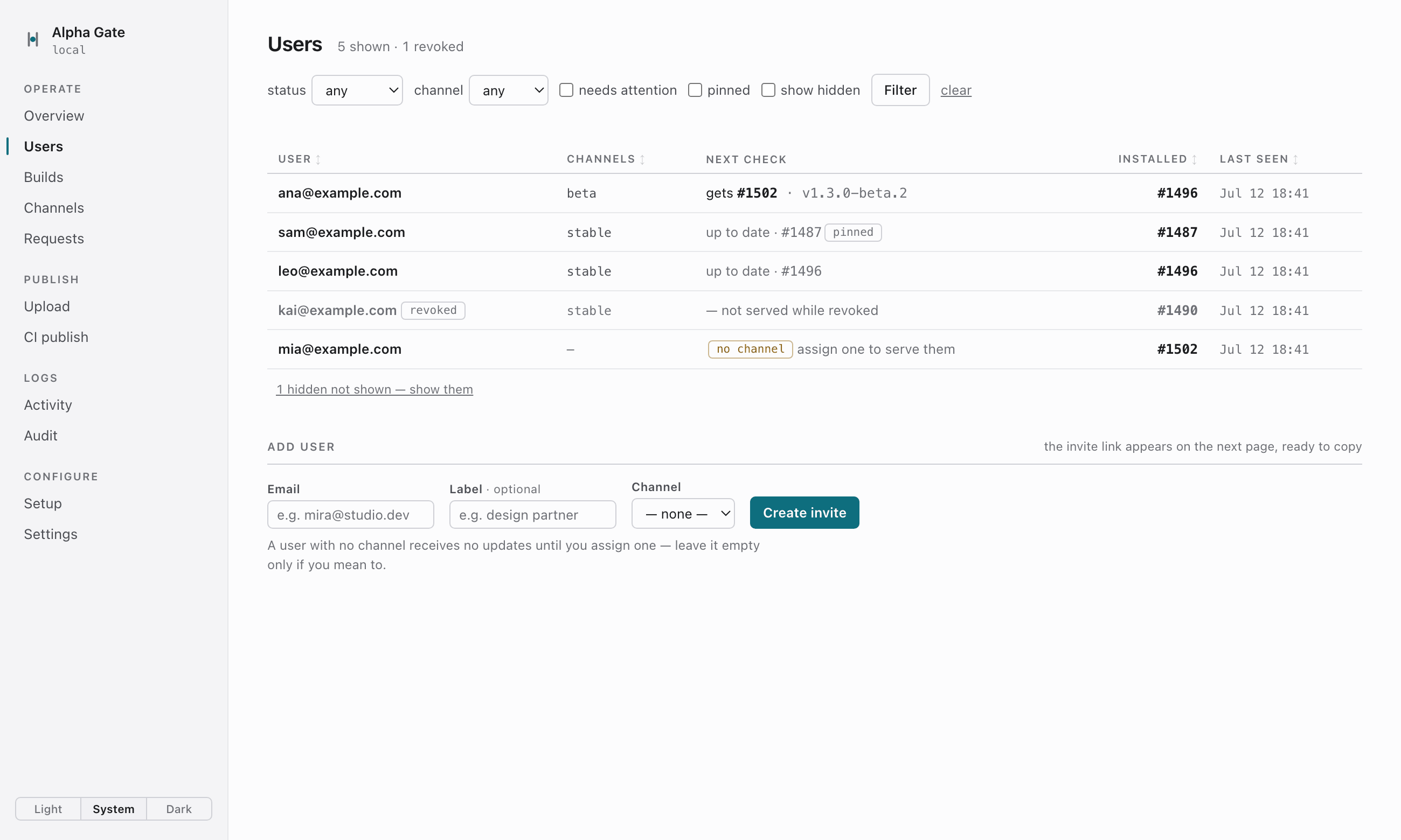 The users page: a table of five testers showing each one's channel and next update check — ana gets build 1502, sam is up to date and pinned, leo is up to date, kai is not served while revoked, mia has no channel yet — with installed builds and last-seen times.
